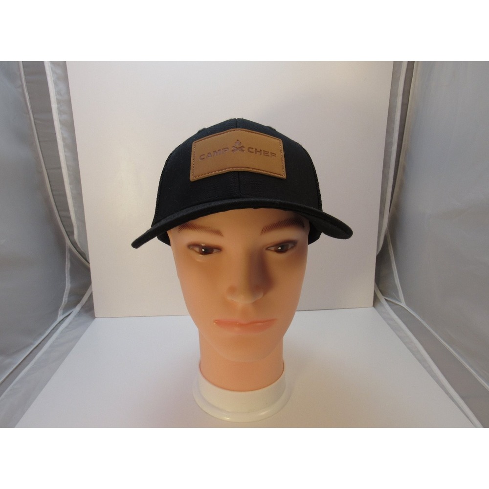 Camp Chef Hat Men's Snapback Black Mesh Trucker Cap Leather Logo Patch‎